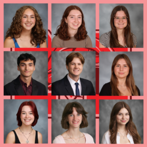 Maine South student art award recipients pictured in a grid: Emma Brown, Sophia Cherone, Evangeline Feucht, Alekos Lagis, Soren Lenzini, Victoria Mieczkowski, Nicole Scimeca, Sofia Torina, and Viktoriia Zavinska. Maine South logo in the background.