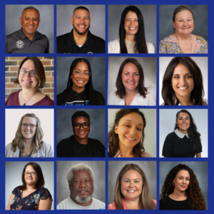Sixteen staff members pictured in a grid of yearbook-style headshots on a blue background.