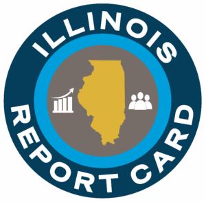 A brown inner circle with an upward-sloping bar graph on the left, a gold filling of the state of Illinois in the middle, and three circles to the right. A thin blue ring encasing these drawings. A large dark blue ring with Illinois written on top, and report card written on bottom.