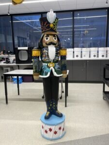 A six-foot tall nutcracker hand designed by students in local high school art programs. 