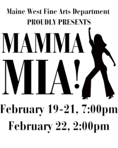 Mamma Mia Promotional Image with Performance Dates of Feb 19-21 at 7pm and Feb 22 at 2pm