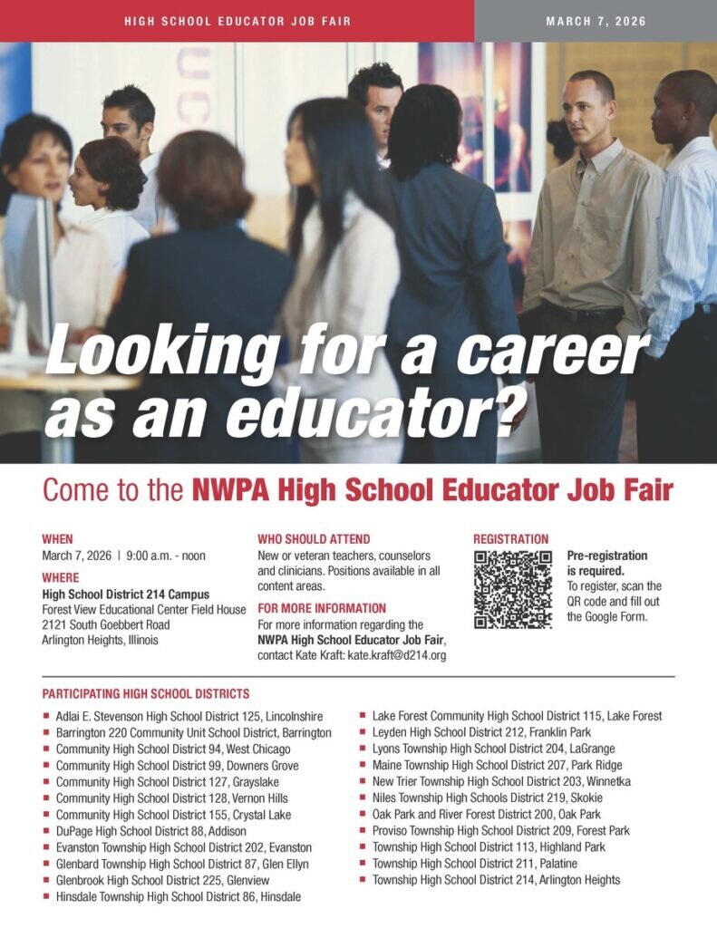 A promotional flyer for the NWPA High School Educator Job Fair on March 7, 2026, featuring event details and a list of participating school districts.