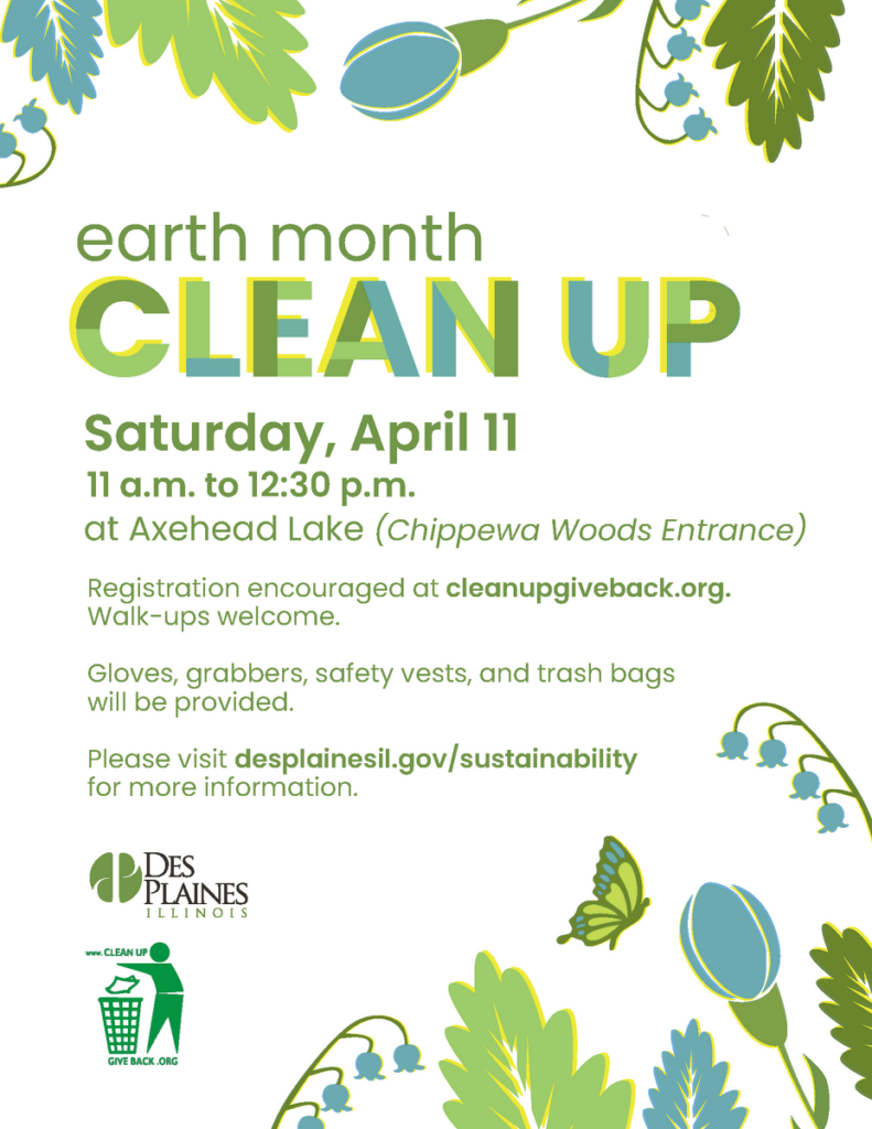 Earth Month Clean Up flyer with flowers and leaves, highlighting a community cleanup event on Saturday, April 11, 11 a.m. to 12:30 p.m. at Axehead Lake. Details and a registration website are included.