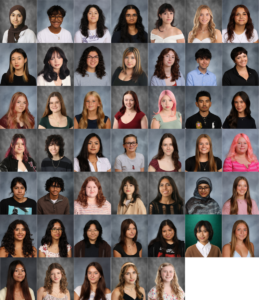 A group of 47 high school students pose individually in a grid of yearbook-style portraits, each with neutral or smiling expressions, diverse hairstyles, and different clothing, set against gray backgrounds.