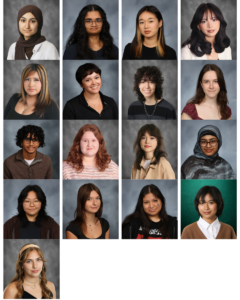 A grid of 17 yearbook-style portrait photos featuring diverse young individuals, each posing in front of a gray or green background, dressed in various outfits and displaying a range of expressions.