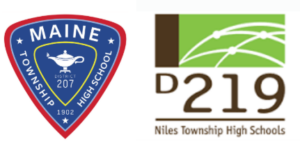 Logos for Maine Township High School District 207 and Niles Township High Schools District 219. The District 207 logo is a blue shield with a red border containing an oil lamp symbol. The District 219 logo features a green graphic with intersecting white lines above the text 'D219 Niles Township High Schools'.