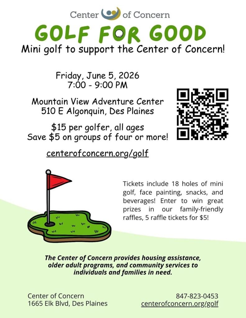 Flyer for Golf For Good mini golf fundraiser by the Center of Concern. Event on June 5, 2026, 7–9 PM at Mountain View Adventure Center, Des Plaines. $15 per person, group and raffle discounts offered.