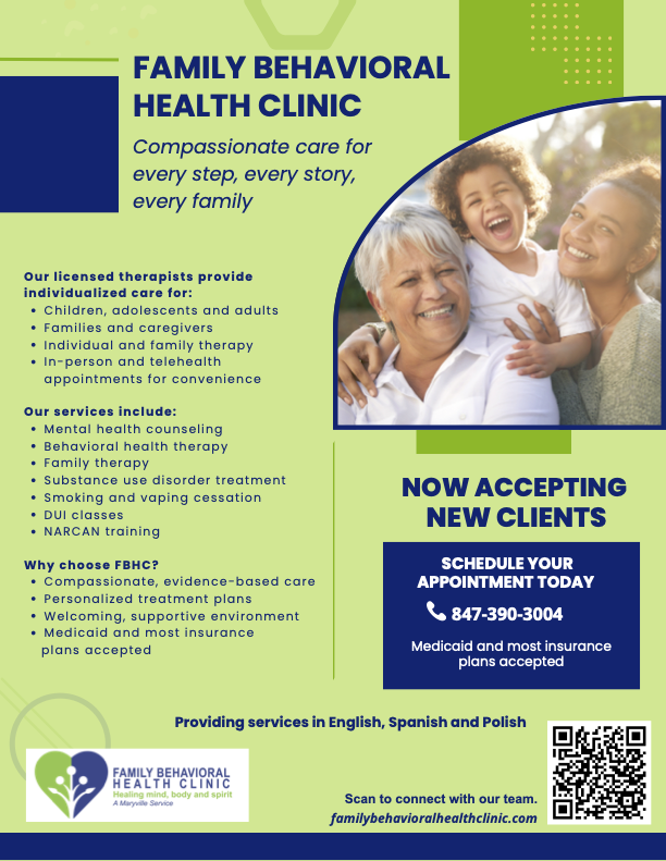 Flyer for Family Behavioral Health Clinic. Includes services offered, reasons to choose the clinic, phone number, website, and note they accept Medicaid and most insurance. Text is highlighted with images of smiling diverse families.