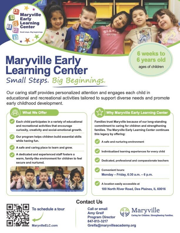 Flyer for Maryville Early Learning Center, offering programs for children ages 6 weeks to 6 years. Includes programs, hours, contact info, location, and photos of kids playing. Colors: blue, green, yellow, and white.