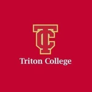 Triton College logo. Red background with a large gold and red TC monogram above the words Triton College in white text, centered on the image.