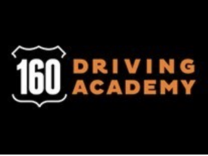 Logo for 160 Driving Academy, featuring 160 in large white numbers inside a road sign shape, next to the words DRIVING ACADEMY in orange capital letters on a black background.
