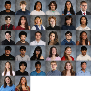 A group photo collage of 32 high school students, all facing forward and smiling or with neutral expressions, arranged in a grid, with a plain gray background.