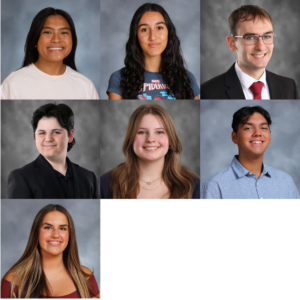 A group photo collage of 7 high school students, all facing forward and smiling or with neutral expressions, arranged in a grid, with a plain gray background.