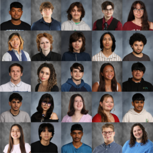 A group photo collage of 25 high school students, all facing forward and smiling or with neutral expressions, arranged in a grid, with a plain gray background.