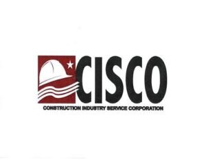 Logo for CISCO, Construction Industry Service Corporation, featuring a white hard hat, a star, and wavy lines inside a red square to the left of bold black text CISCO and the company name written underneath.