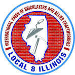 Bricklayers & Allied Craft Workers logo. Circular logo with a red brick background, outline of Illinois, and a trowel in the center. Text reads: International Union of Bricklayers and Allied Craftworkers Local 8 Illinois..