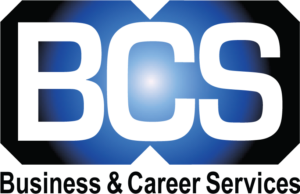 Business & Career Services logo. Logo with large white letters BCS over a blue gradient background. Below, it says Business & Career Services in black bold text.