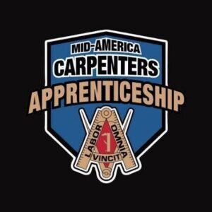 Carpenter's Regional Council logo. Logo with Mid-America Carpenters Apprenticeship text over a blue shield, a large A, a triangle, and a ribbon reading Labor Omnia Vincit on a black background.