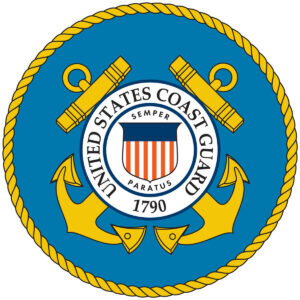 The official U.S. Coast Guard emblem with two gold anchors, blue rope border, shield, and text: United States Coast Guard 1790, and the motto Semper Paratus..