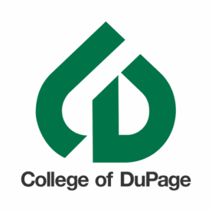 College of Dupage logo. Green abstract logo resembling the letters C and D above the text College of DuPage in black. The design is simple and modern on a white background.