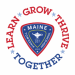 A Maine Township High School District 207 crest is surrounded by the words Learn, Grow, Thrive, and Together in red and blue, with stars separating each word in a circular arrangement.