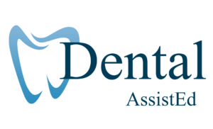 Dental AssistEd Training Program logo. Logo with an abstract blue outline of a tooth on the left and the words Dental AssistEd in dark blue text on the right.