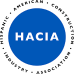 HACIA logo. A blue circle with HACIA in white text, surrounded by the words Hispanic American Construction Industry Association in black, on a white background.