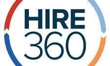 Hire 360 logo. The image shows the words HIRE 360 in bold letters, surrounded by a partial circular border made of blue, red, and light blue arrows.