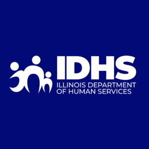 IDHS Illinois Department of Human Services logo featuring abstract human figures in white on a blue background with bold white text.