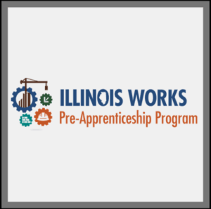 Illinois Works Pre-Apprenticeship Program logo with construction-themed gears and a crane, featuring blue and orange text on a white background.