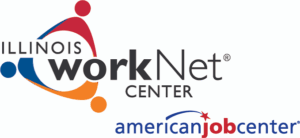 Illinois workNet logo. Illinois workNet Center and American Job Center logos, featuring interconnected red, orange, and blue figures and stylized text.
