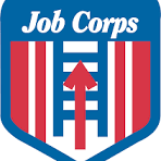 Job Corps logo with a blue shield, red and white vertical stripes, and a red upward arrow below Job Corps in white text.