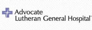 Logo for Advocate Lutheran General Hospital featuring a purple cross icon to the left of the hospital name in black text on a white background.
