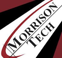 Morrison Tech logo with the words Morrison Tech diagonally across a background of maroon, black, and white geometric shapes, and a maroon curved line encircling the text.