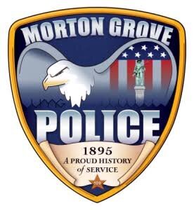 Morton Grove Police Department logo. Morton Grove Police badge featuring an eagle, American flag, a statue, and the text 1895 A Proud History of Service..