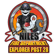 Niles Fire Department Explorer Program logo. Cartoon firefighter squirrel holding a fire extinguisher, wearing gear and helmet labeled 28, with flames in the background. Text: NILES Fire Department Explorer Post 28..
