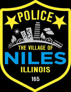 Niles Police Department logo. A police badge for the Village of Niles, Illinois, featuring cityscape icons, yellow stars, and the word NILES in blue text. The badge also displays the number 165 at the bottom.
