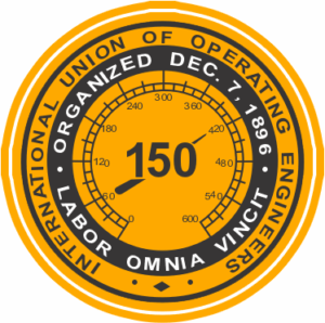 Operating Engineers Local 150 logo. Circular gold and black emblem for the International Union of Operating Engineers Local 150, with a speedometer in the center and text noting its organization date, December 7, 1896.