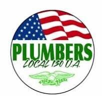 PLUMBERS LOCAL 130 LOGO. A circular logo with an American flag, bold green text reading PLUMBERS Local 130 U.A., and a green emblem of an eagle with tools at the bottom.