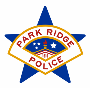 Park Ridge Police Department logo. A blue star badge with Park Ridge Police in red letters, a gold border, and an image of a roof, torch, and stars, with 1910 at the center.