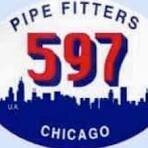 Logo with Pipe Fitters 597 Chicago in bold letters above a city skyline, with U.A. written on the left side of the skyline. The numbers 597 are large and red in the center.