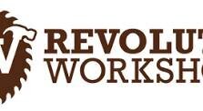 Logo for Revolution Workshop featuring a stylized letter R with a hammer inside a circular saw blade, followed by the text Revolution Workshop in bold, brown font.