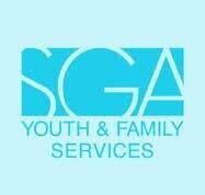 SGA Youth & Family Services logo. Light blue background with the white letters SGA in large font above the words YOUTH & FAMILY SERVICES in smaller blue font.