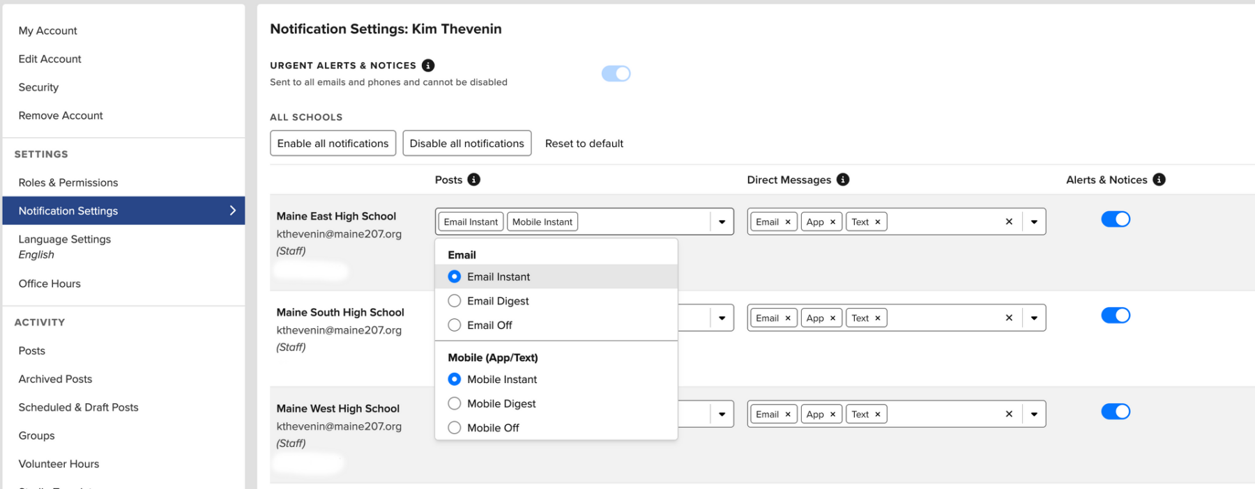 Notification settings page showing options for instant or digest notifications via email, app, or text for posts and messages from different schools; alerts and notices toggle is enabled.