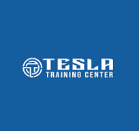White Tesla Training Center text and circular Tesla logo on a solid blue background.