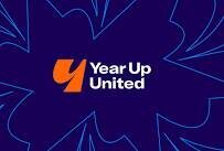 Year Up United logo with an orange stylized Y and white text on a dark blue background with abstract light blue line designs.