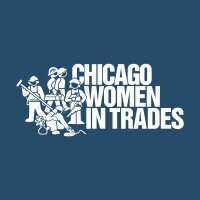 Chicago Women in Trades logo. Logo with four illustrated women in work uniforms and safety gear using tools, next to large text reading CHICAGO WOMEN IN TRADES on a blue background.
