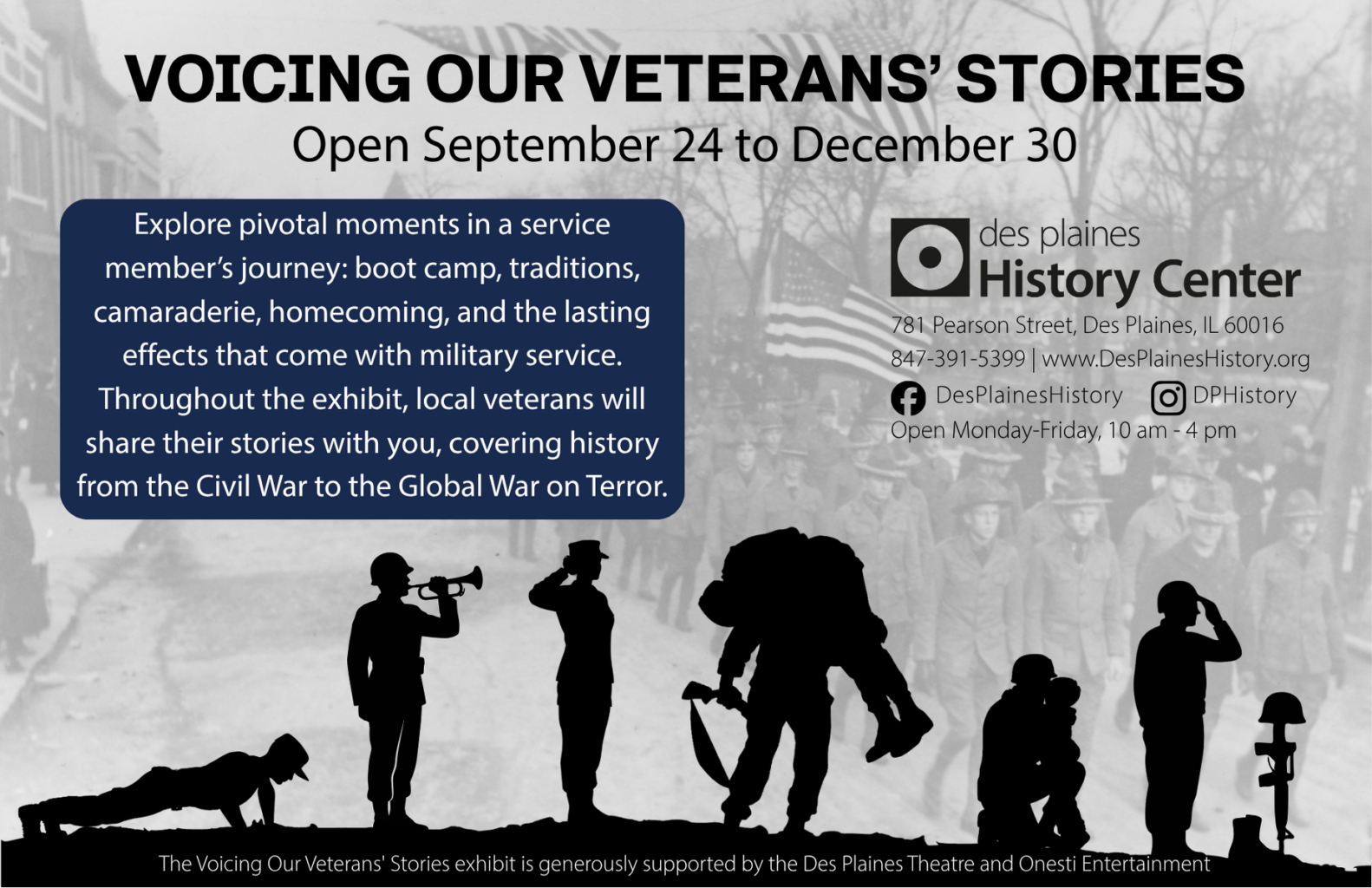 Flyer for Voicing Our Veterans Stories exhibit at Des Plaines History Center, open Sept 24–Dec 30, featuring silhouettes of soldiers and exhibit details.