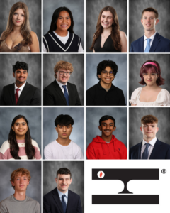 A grid of fourteen individual portraits of high school students and a school logo.